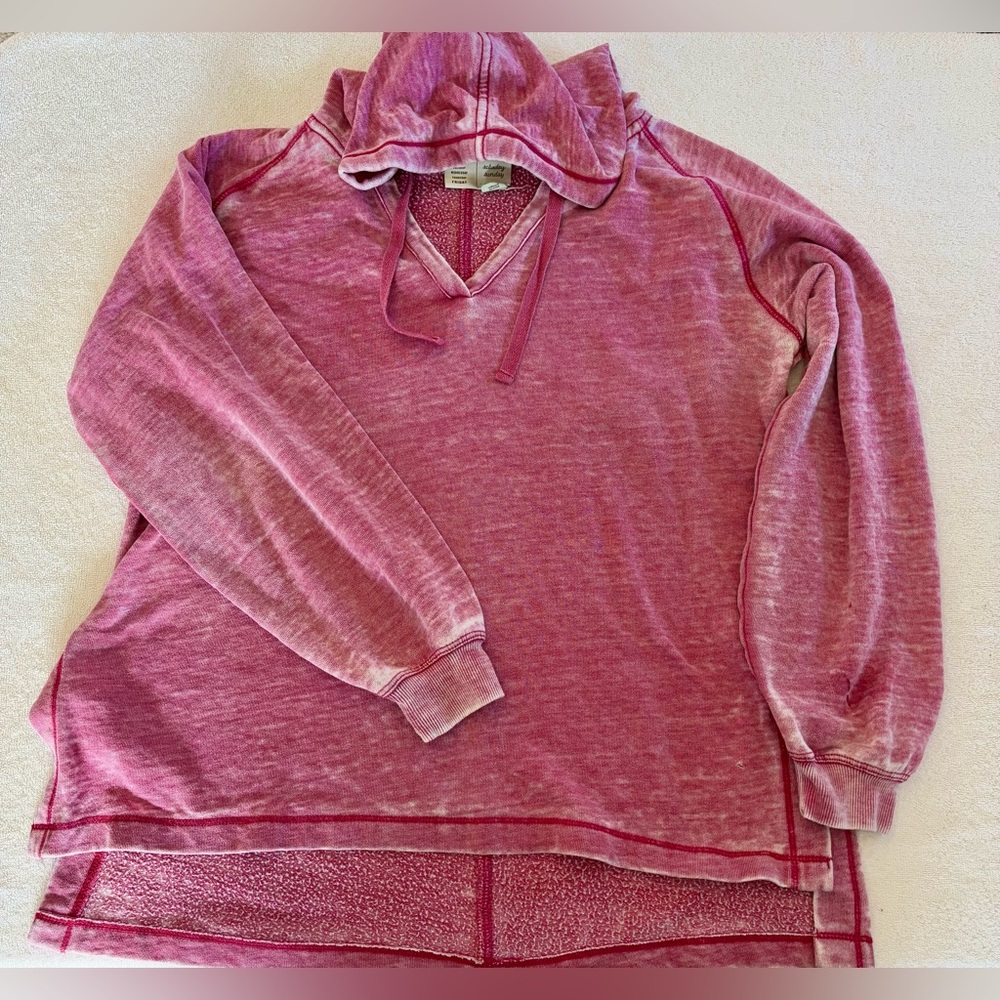 Anthropologie Saturday-Sunday Hoodie Dark Pink Plum Washed Contrast Stitching S